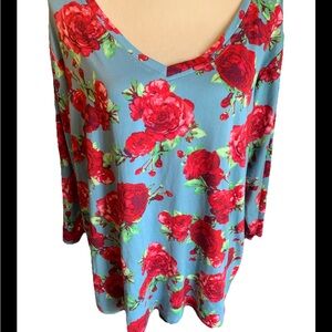 The Pioneer Woman Top Blue W Roses 3/4  Sleeves Pullover Size XXXL